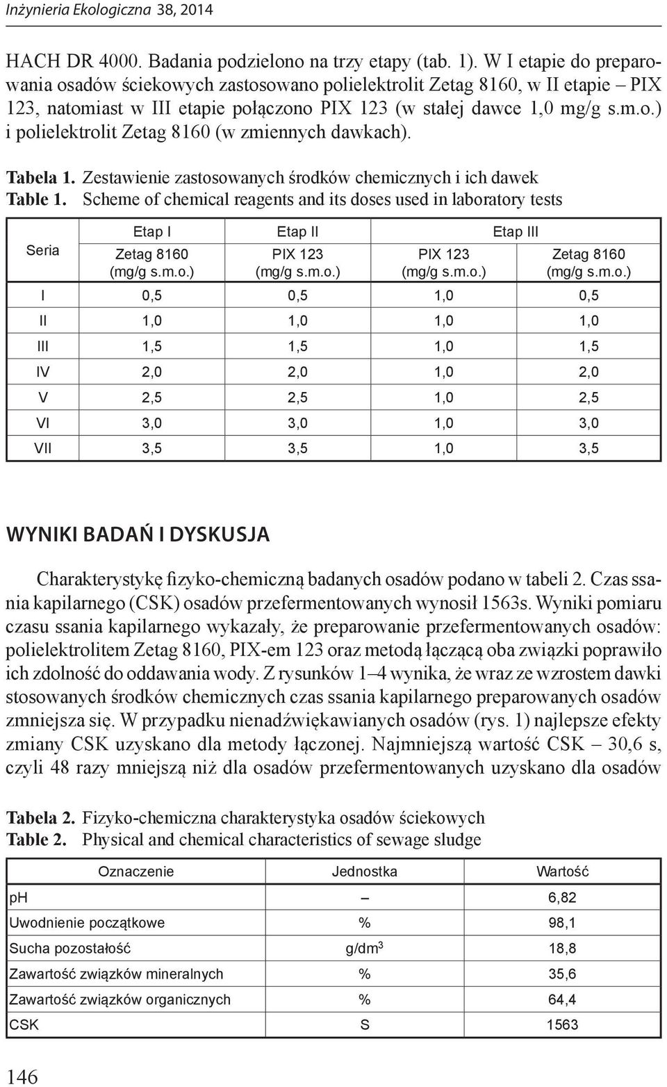 Tabela 1. Zestawienie zastosowanych środków chemicznych i ich dawek Table 1. Scheme of chemical reagents and its doses used in laboratory tests Seria Etap I Etap II Etap III Zetag 8160 (mg/g s.m.o.) PIX 123 (mg/g s.