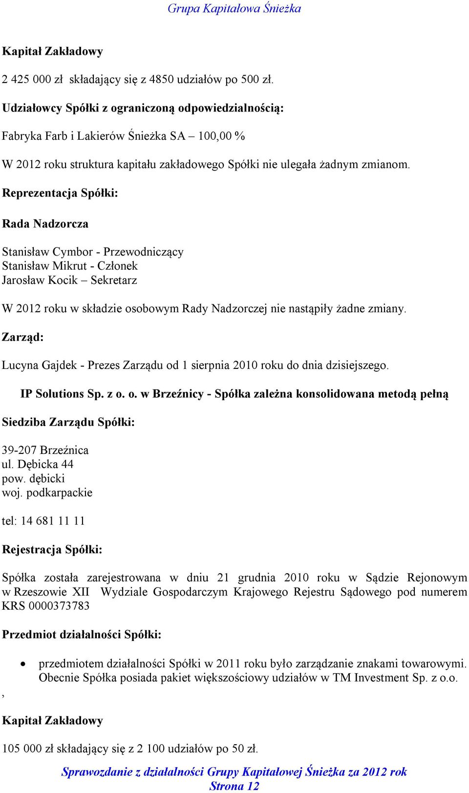 Reprezentacja Spółki: Rada Nadzorcza Stanisław Cymbor - Przewodniczący Stanisław Mikrut - Członek Jarosław Kocik Sekretarz W 2012 roku w składzie osobowym Rady Nadzorczej nie nastąpiły żadne zmiany.