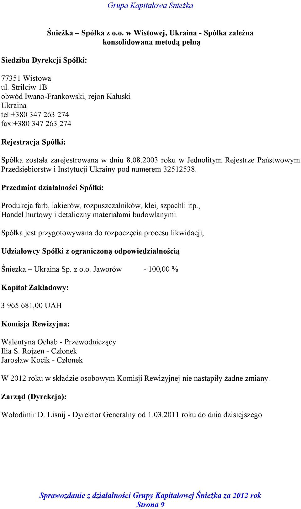 2003 roku w Jednolitym Rejestrze Państwowym Przedsiębiorstw i Instytucji Ukrainy pod numerem 32512538. Przedmiot działalności Spółki: Produkcja farb, lakierów, rozpuszczalników, klei, szpachli itp.