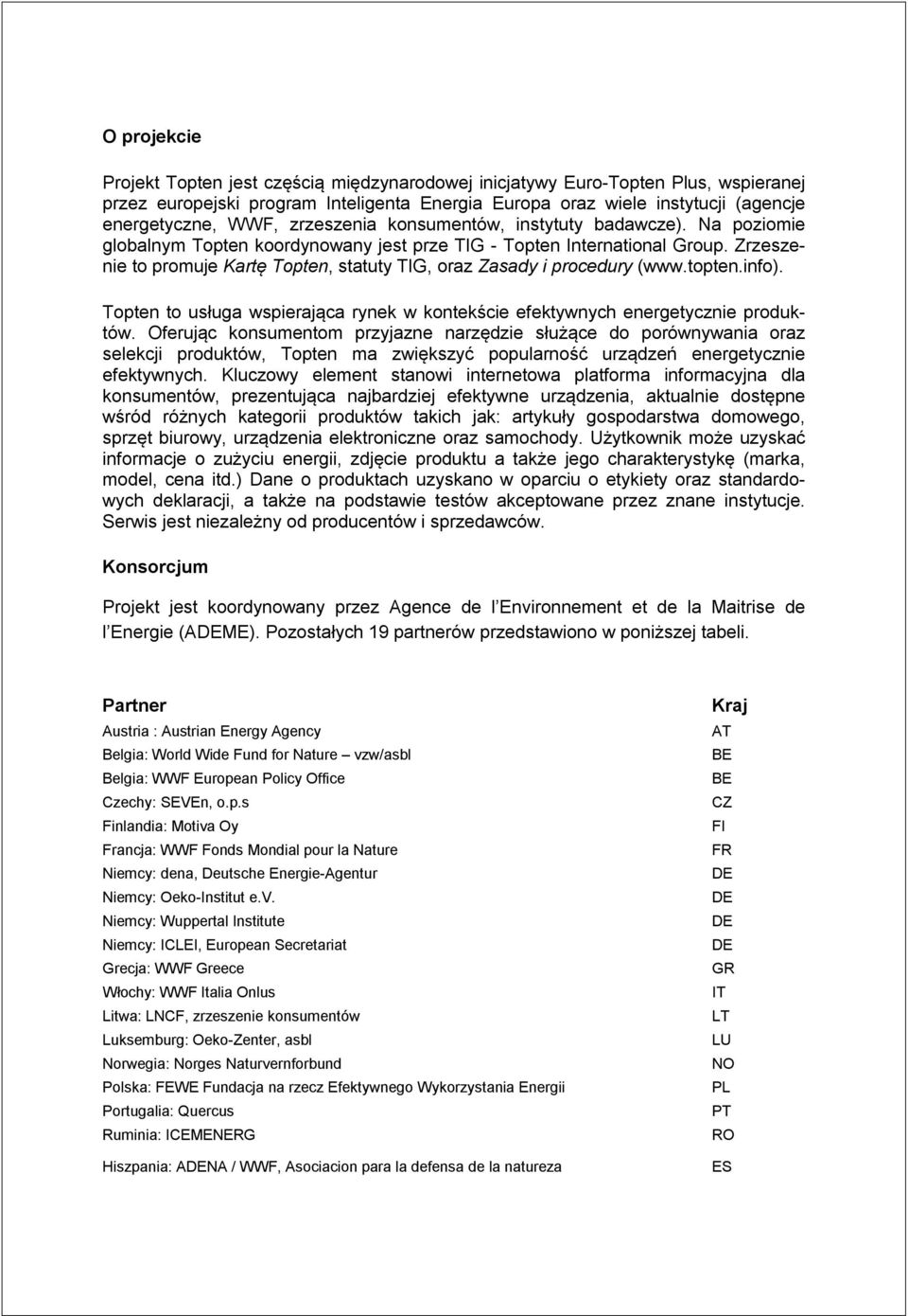 Zrzeszenie to promuje Kartę Topten, statuty TIG, oraz Zasady i procedury (www.topten.info). Topten to usługa wspierająca rynek w kontekście efektywnych energetycznie produktów.