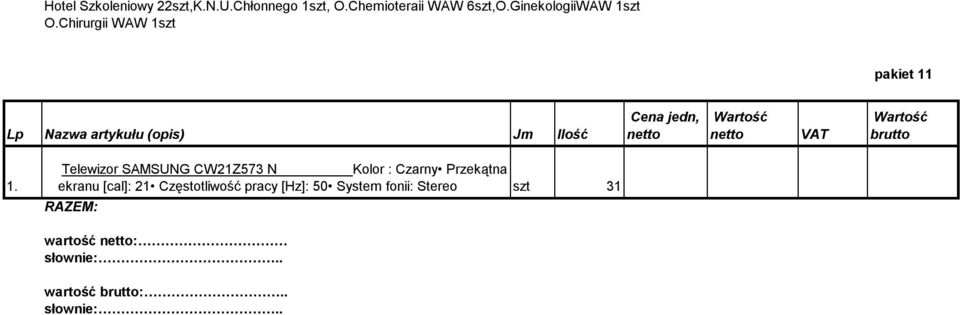 Chirurgii WAW 1szt pakiet 11 Lp Nazwa artykułu (opis) Jm Ilość Cena jedn, Telewizor