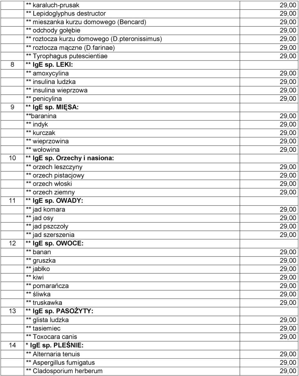 LEKI: ** amoxycylina 29,00 ** insulina ludzka 29,00 ** insulina wieprzowa 29,00 ** penicylina 29,00 9 ** IgE sp.