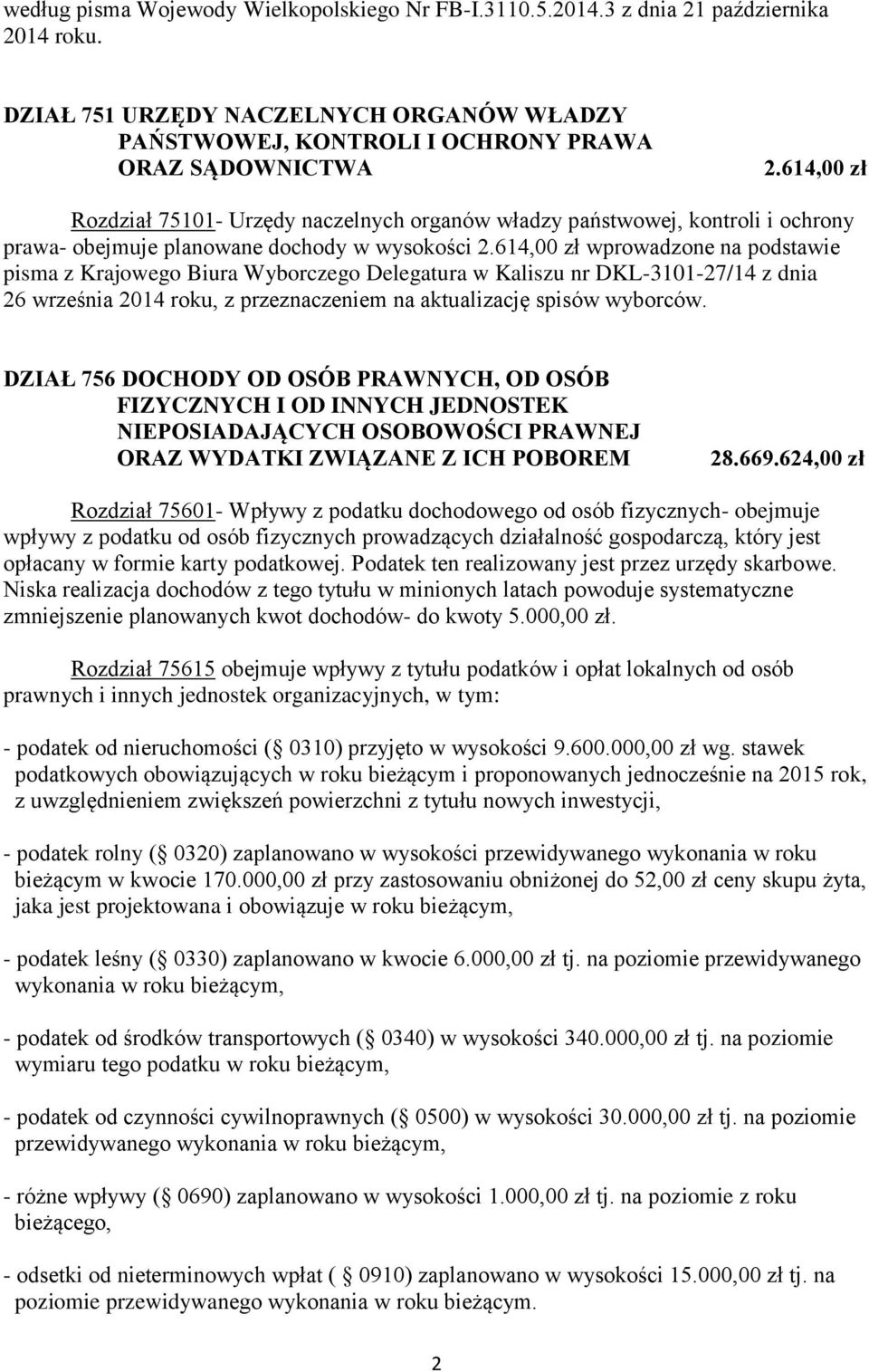 614,00 zł wprowadzone na podstawie pisma z Krajowego Biura Wyborczego Delegatura w Kaliszu nr DKL-3101-27/14 z dnia 26 września 2014 roku, z przeznaczeniem na aktualizację spisów wyborców.