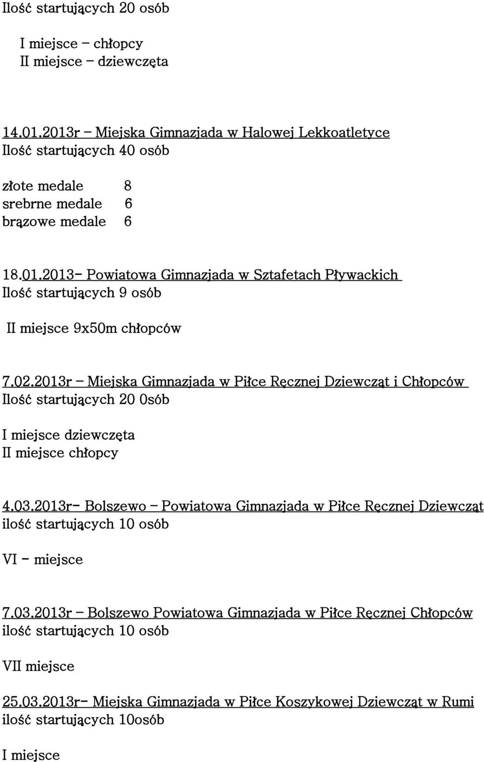 02.2013r Miejska Gimnazjada w Piłce Ręcznej Dziewcząt i Chłopców Ilość startujących 20 0sób dziewczęta I chłopcy 4.03.