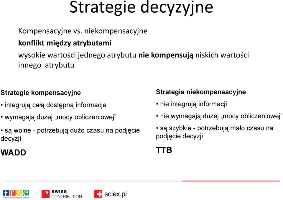 innego atrybutu Strategie kompensacyjne integrują całą dostępną informacje wymagają dużej mocy obliczeniowej są