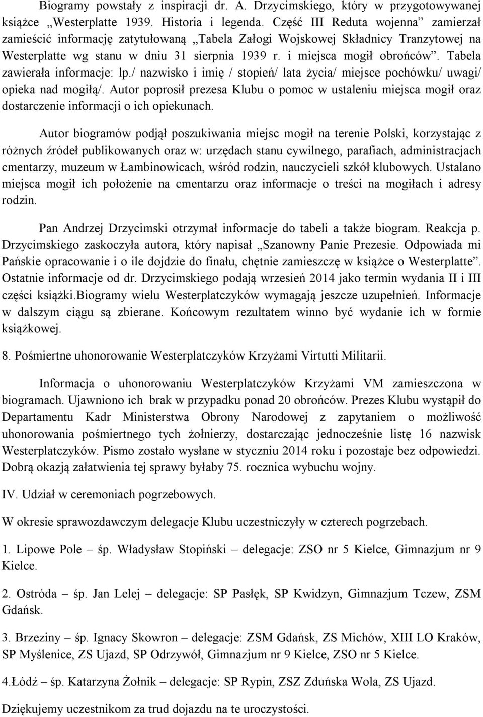 Tabela zawierała informacje: lp./ nazwisko i imię / stopień/ lata życia/ miejsce pochówku/ uwagi/ opieka nad mogiłą/.