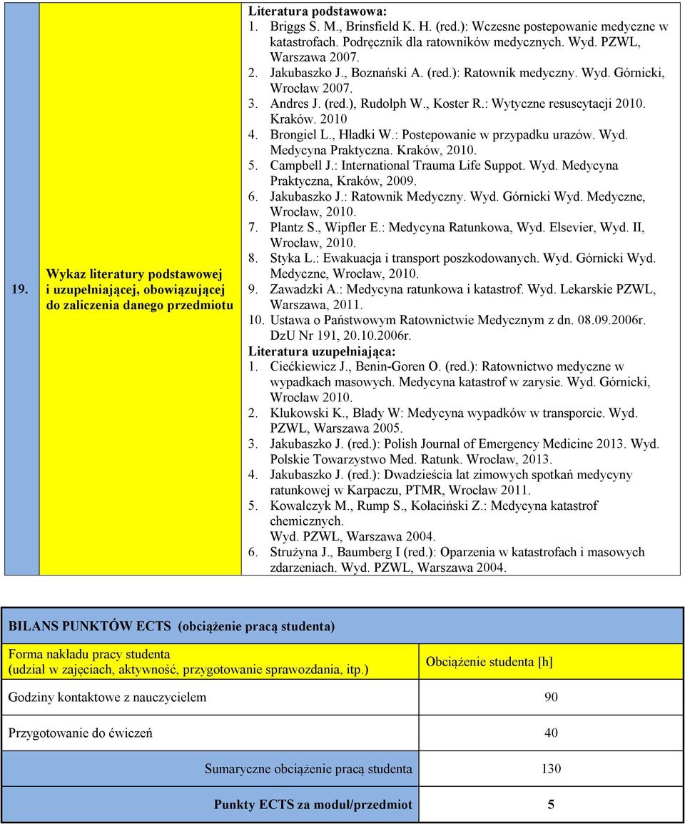 3. Andres J. (red.), Rudolph W., Koster R.: Wytyczne resuscytacji 2010. Kraków. 2010 4. Brongiel L., Hładki W.: Postepowanie w przypadku urazów. Wyd. Medycyna Praktyczna. Kraków, 2010. 5. Campbell J.