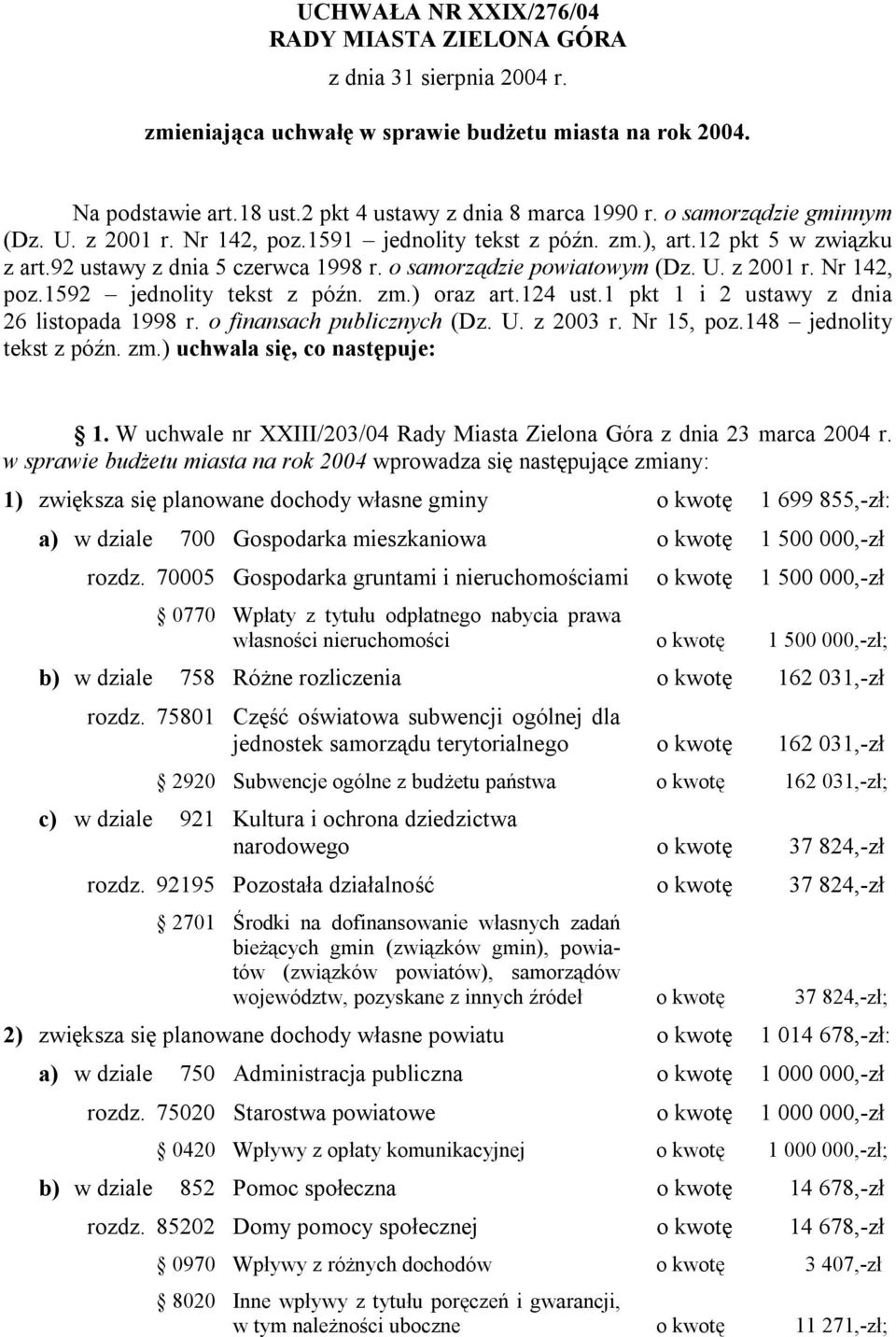 zm.) oraz art.124 ust.1 pkt 1 i 2 ustawy z dnia 26 listopada 1998 r. o finansach publicznych (Dz. U. z 2003 r. Nr 15, poz.148 jednolity tekst z późn. zm.) uchwala się, co następuje: 1.