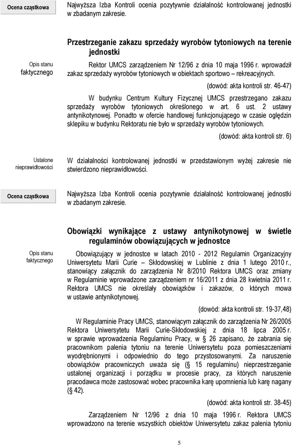 46-47) W budynku Centrum Kultury Fizycznej UMCS przestrzegano zakazu sprzedaŝy wyrobów tytoniowych określonego w art. 6 ust. 2 ustawy antynikotynowej.