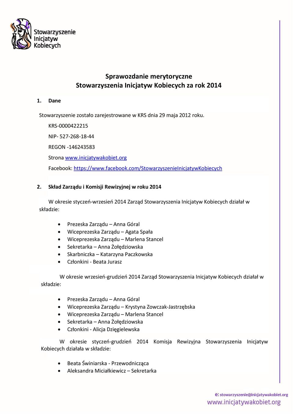 Skład Zarządu i Komisji Rewizyjnej w roku 2014 W okresie styczeń-wrzesień 2014 Zarząd Stowarzyszenia Inicjatyw Kobiecych działał w składzie: Prezeska Zarządu Anna Góral Wiceprezeska Zarządu Agata