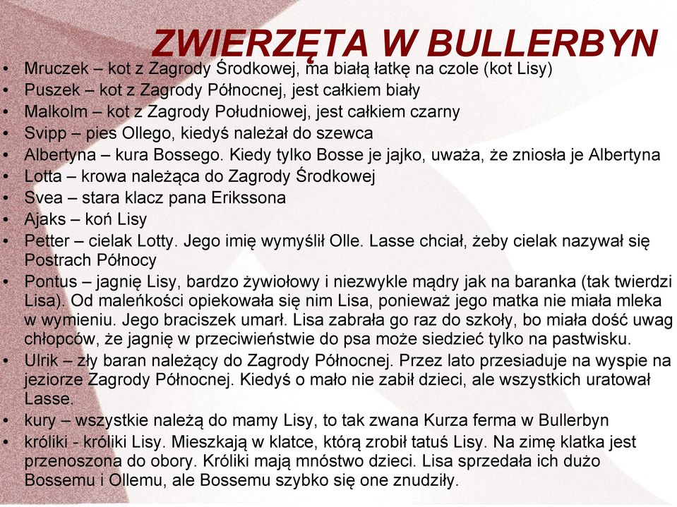 Kiedy tylko Bosse je jajko, uważa, że zniosła je Albertyna Lotta krowa należąca do Zagrody Środkowej Svea stara klacz pana Erikssona Ajaks koń Lisy Petter cielak Lotty. Jego imię wymyślił Olle.