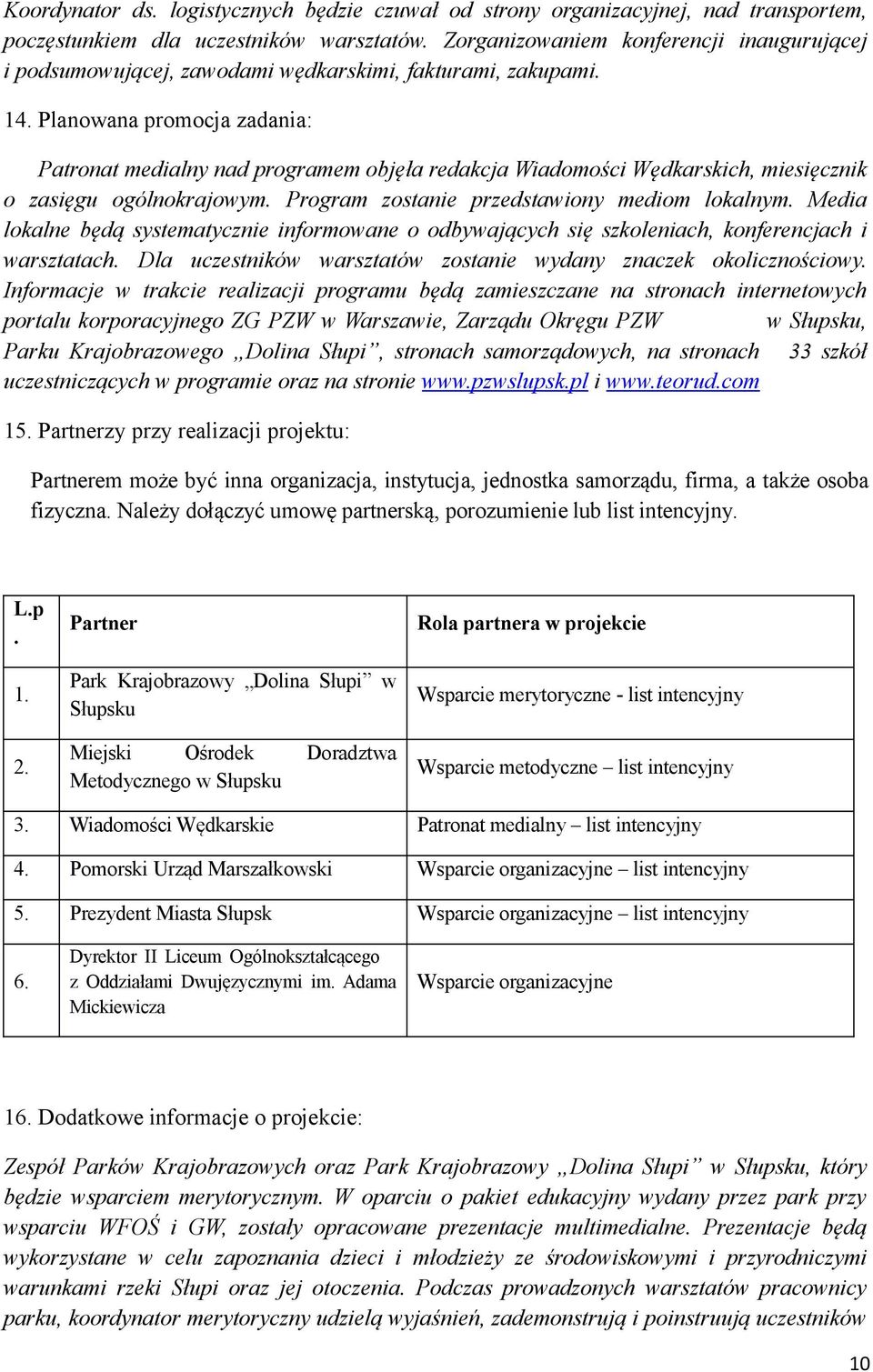 Planowana promocja zadania: Patronat medialny nad programem objęła redakcja Wiadomości Wędkarskich, miesięcznik o zasięgu ogólnokrajowym. Program zostanie przedstawiony mediom lokalnym.