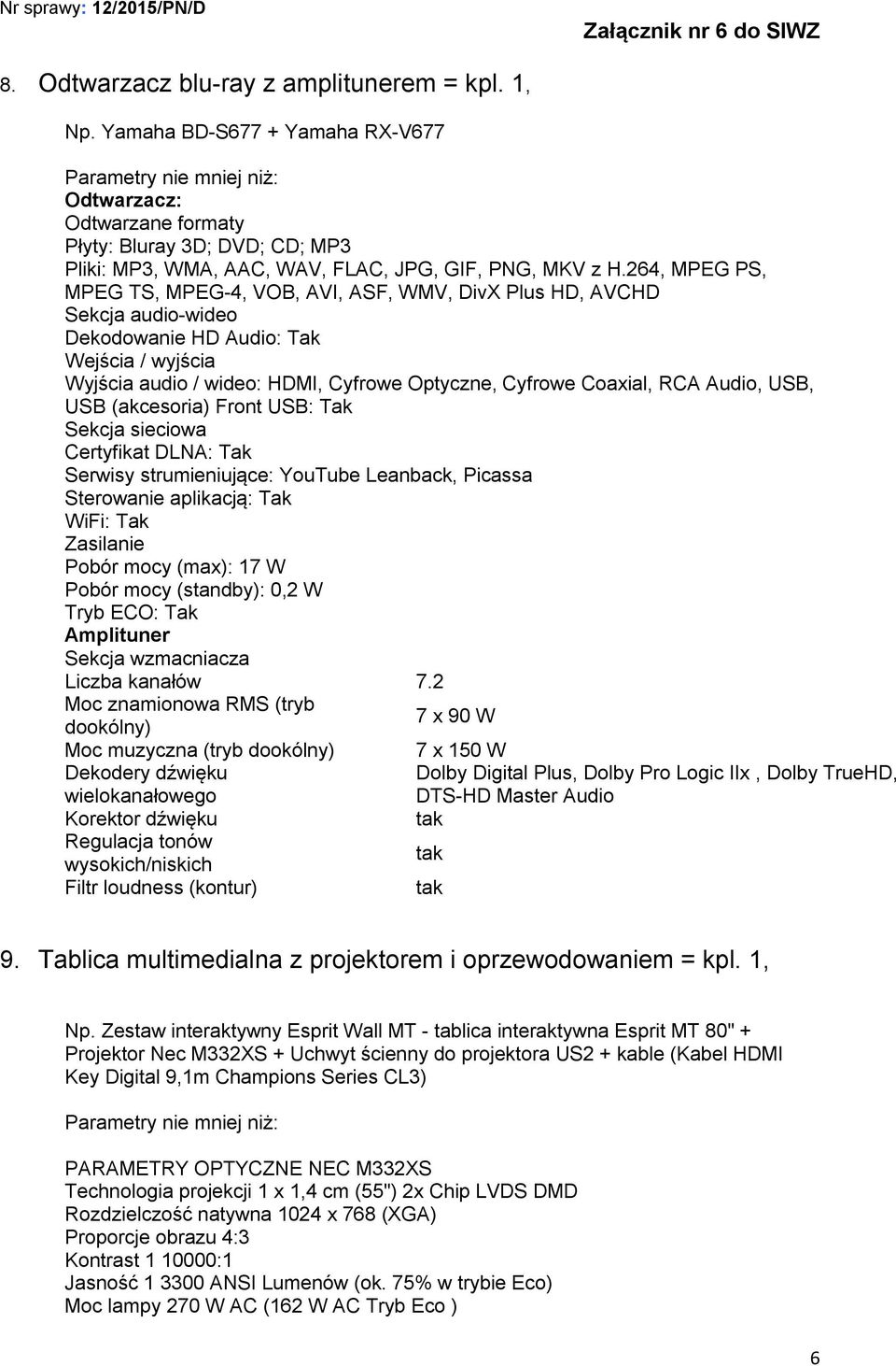 264, MPEG PS, MPEG TS, MPEG-4, VOB, AVI, ASF, WMV, DivX Plus HD, AVCHD Sekcja audio-wideo Dekodowanie HD Audio: Wejścia / wyjścia Wyjścia audio / wideo: HDMI, Cyfrowe Optyczne, Cyfrowe Coaxial, RCA