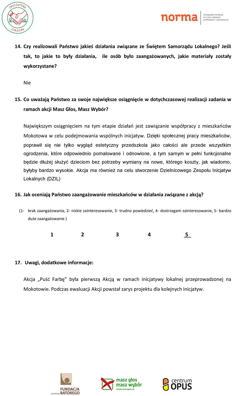 Największym osiągnięciem na tym etapie działań jest zawiązanie współpracy z mieszkańców Mokotowa w celu podejmowania wspólnych inicjatyw.