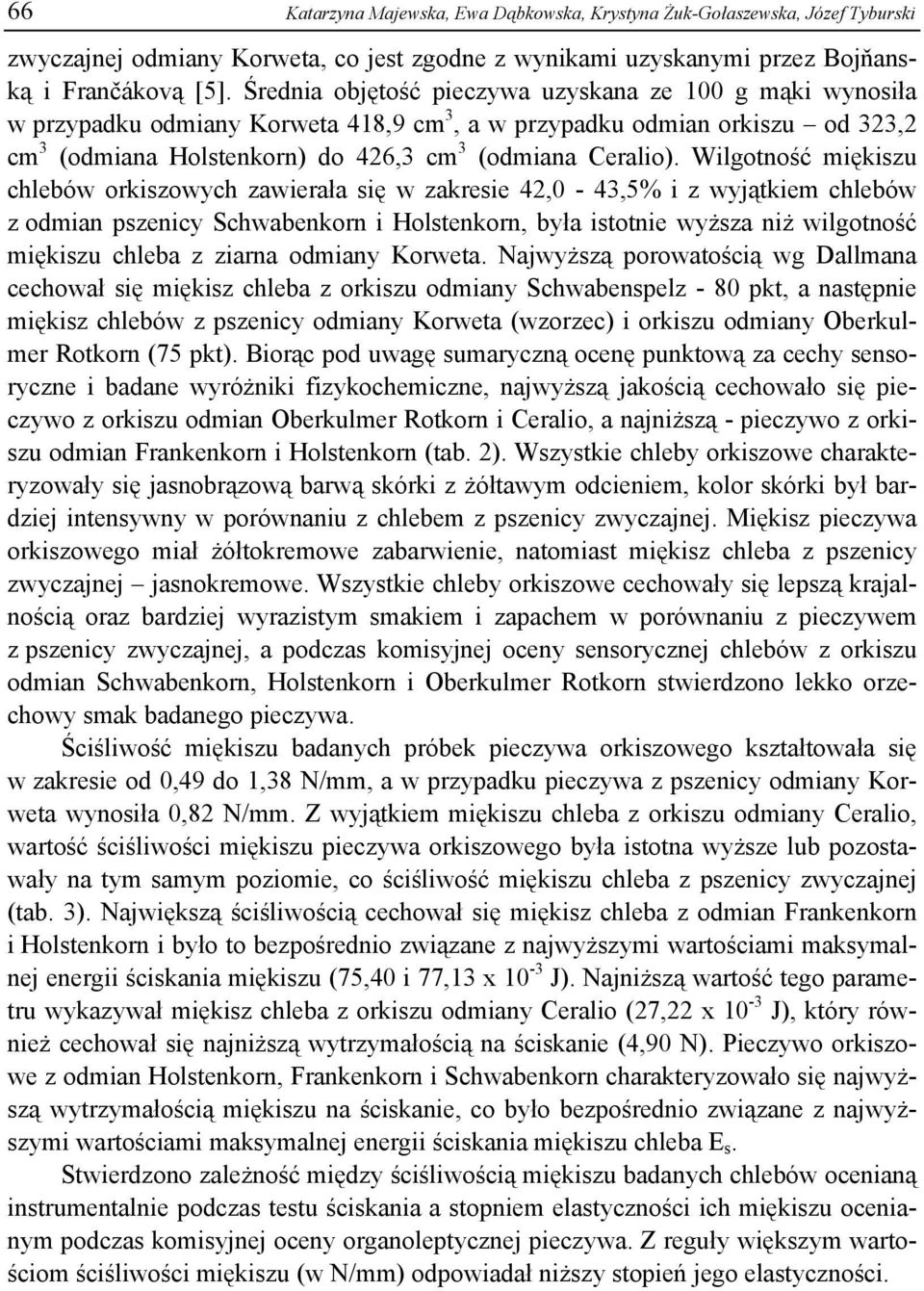 Wilgotność miękiszu chlebów orkiszowych zawierała się w zakresie 42,0-43,5% i z wyjątkiem chlebów z odmian pszenicy Schwabenkorn i Holstenkorn, była istotnie wyższa niż wilgotność miękiszu chleba z