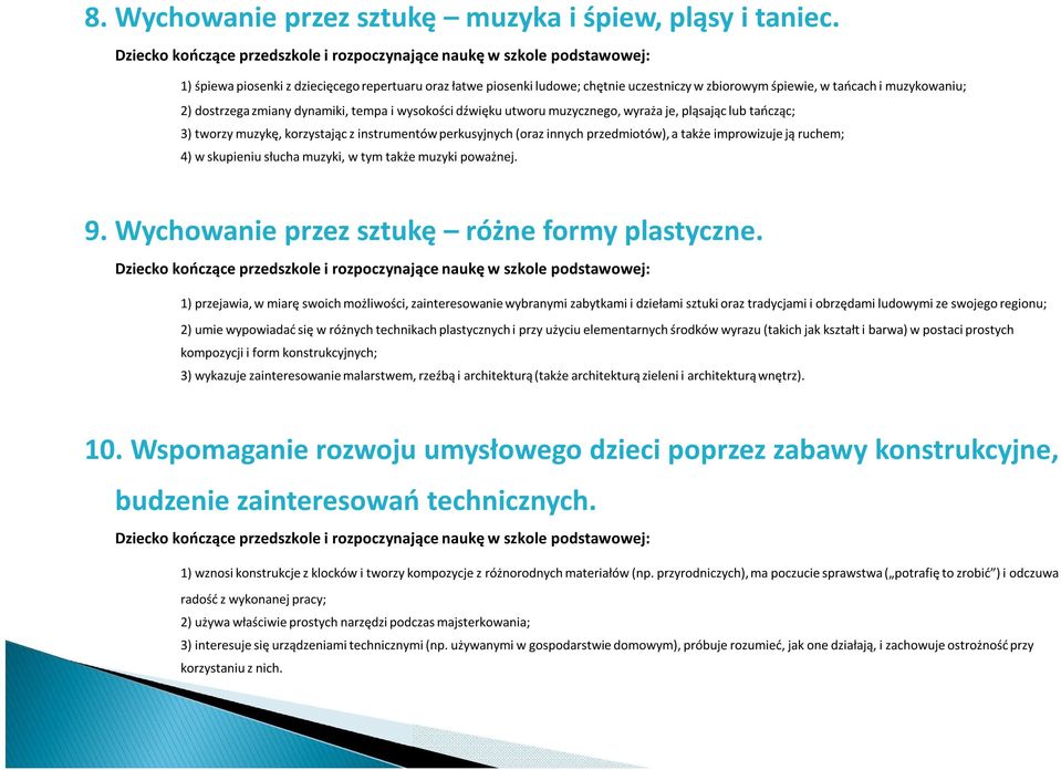 utworu muzycznego, wyraża je, pląsając lub tańcząc; 3) tworzy muzykę, korzystając z instrumentów perkusyjnych (oraz innych przedmiotów), a także improwizuje ją ruchem; 4) w skupieniu słucha muzyki, w