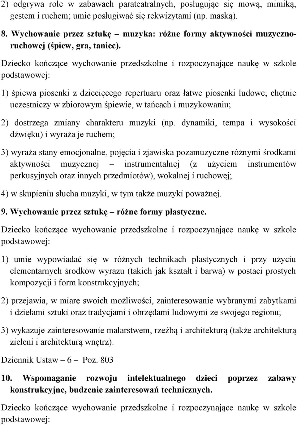 1) śpiewa piosenki z dziecięcego repertuaru oraz łatwe piosenki ludowe; chętnie uczestniczy w zbiorowym śpiewie, w tańcach i muzykowaniu; 2) dostrzega zmiany charakteru muzyki (np.