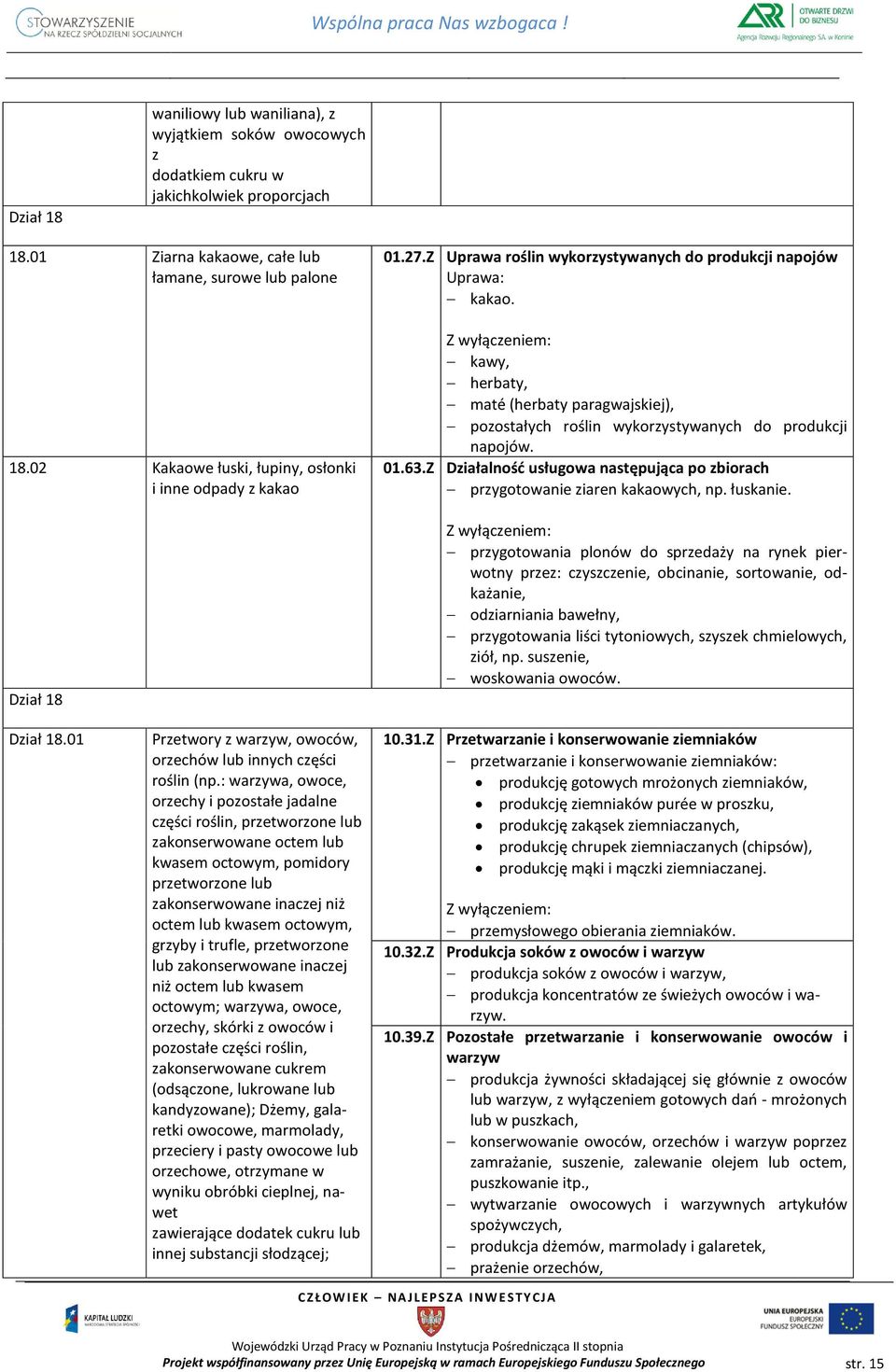 kawy, herbaty, maté (herbaty paragwajskiej), pozostałych roślin wykorzystywanych do produkcji napojów. 01.63.Z Działalność usługowa następująca po zbiorach przygotowanie ziaren kakaowych, np.