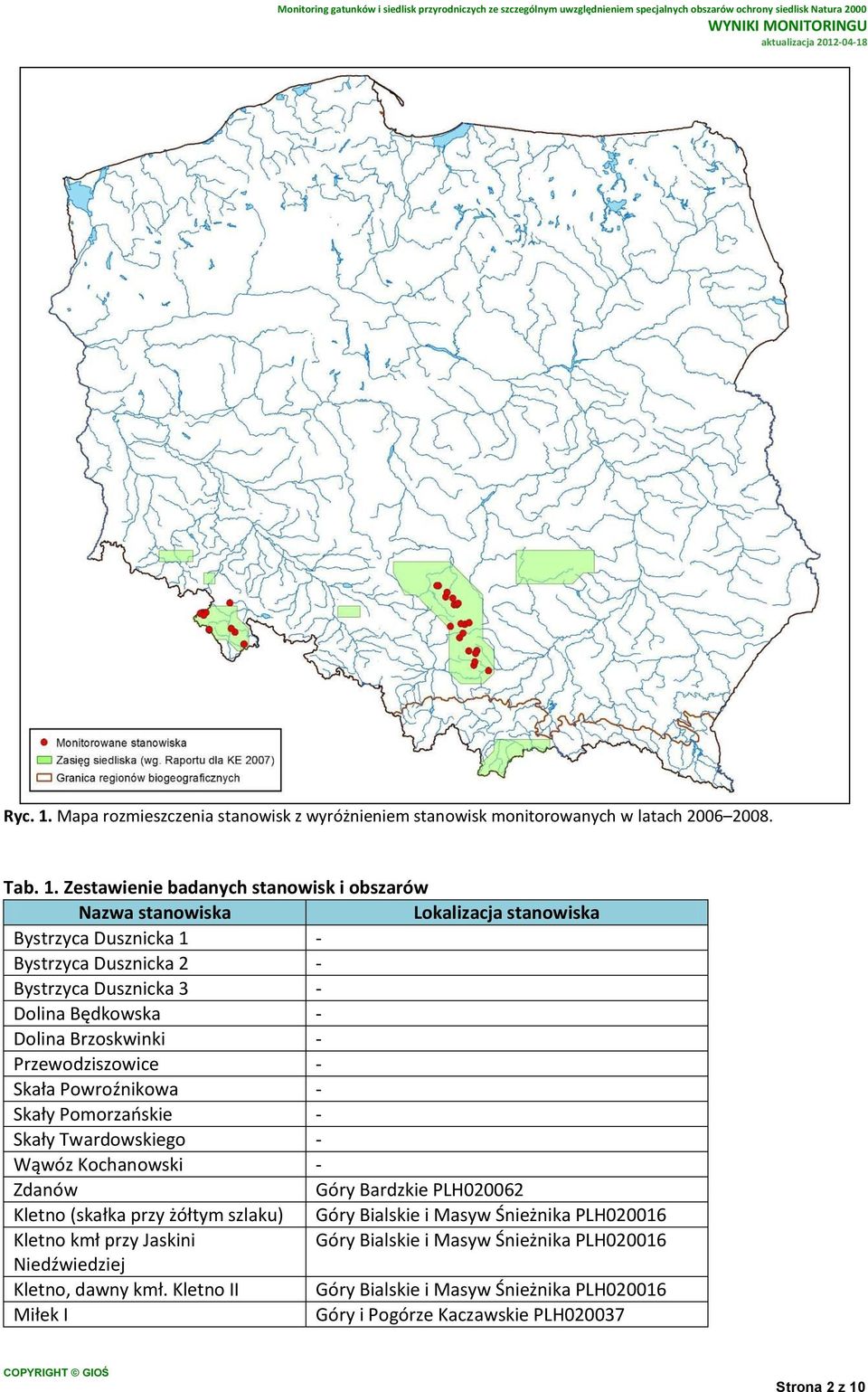 Zestawienie badanych stanowisk i obszarów Nazwa stanowiska Lokalizacja stanowiska Bystrzyca Dusznicka 1 - Bystrzyca Dusznicka 2 - Bystrzyca Dusznicka 3 - Dolina Będkowska - Dolina