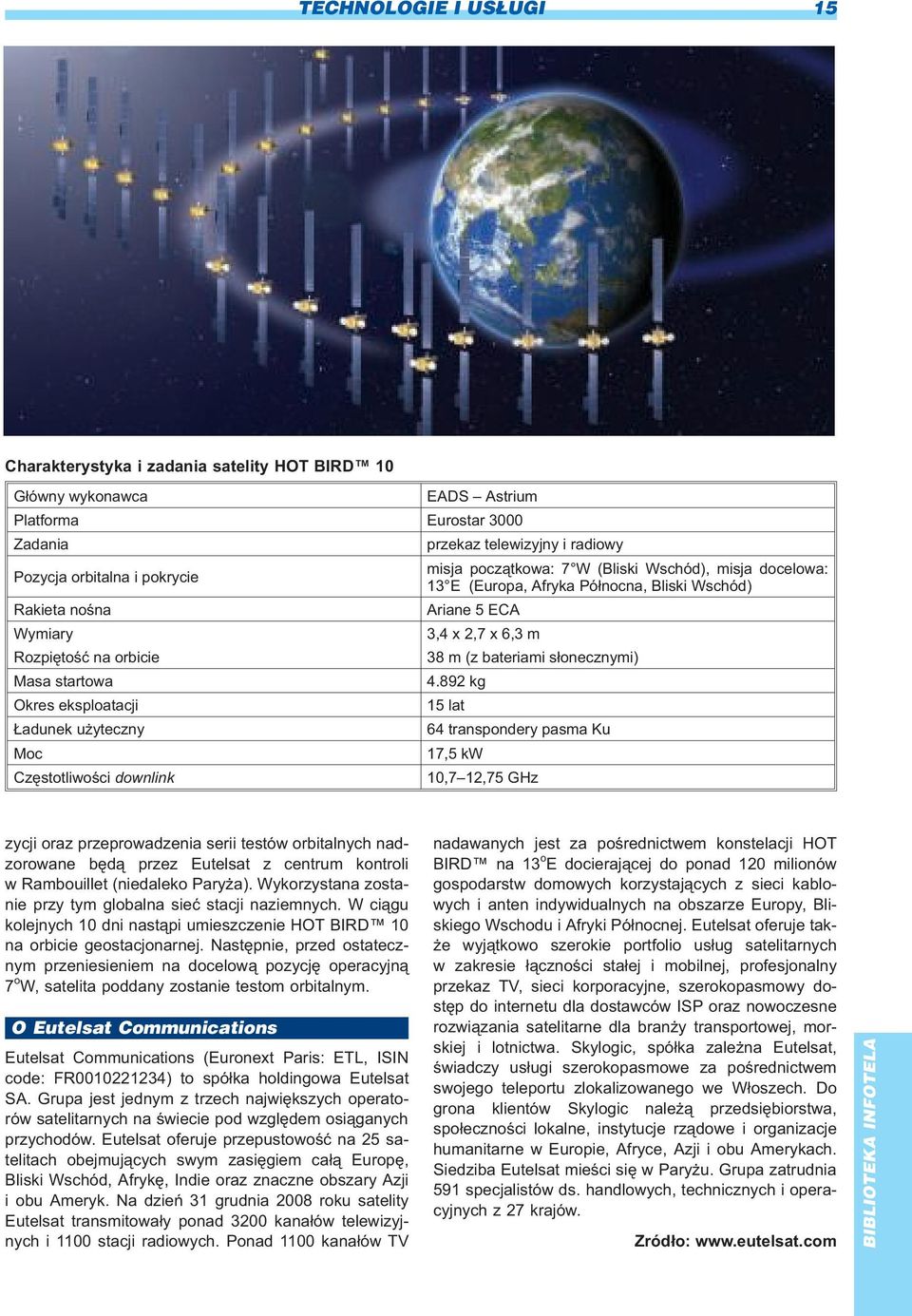 Pó³nocna, Bliski Wschód) Ariane 5 ECA 3,4 x 2,7 x 6,3 m 38 m (z bateriami s³onecznymi) 4.