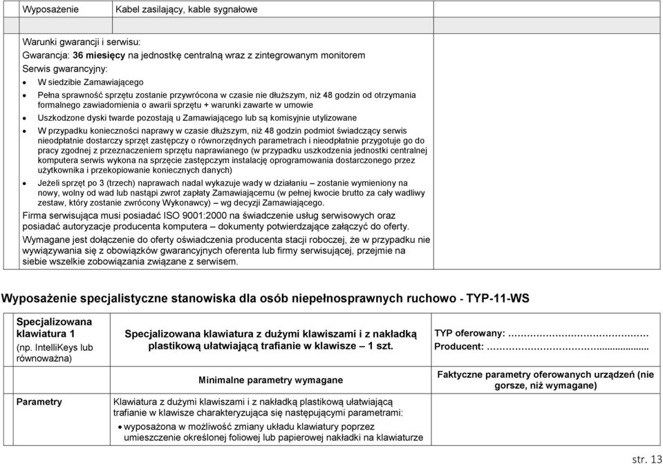 u Zamawiającego lub są komisyjnie utylizowane W przypadku konieczności naprawy w czasie dłuższym, niż 48 godzin podmiot świadczący serwis nieodpłatnie dostarczy sprzęt zastępczy o równorzędnych