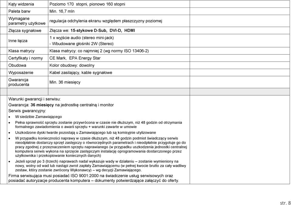 matrycy: co najmniej 2 (wg normy ISO 13406-2) Certyfikaty i normy Obudowa Wyposażenie Gwarancja producenta CE Mark, EPA Energy Star Kolor obudowy: dowolny Kabel zasilający, kable sygnałowe Min.