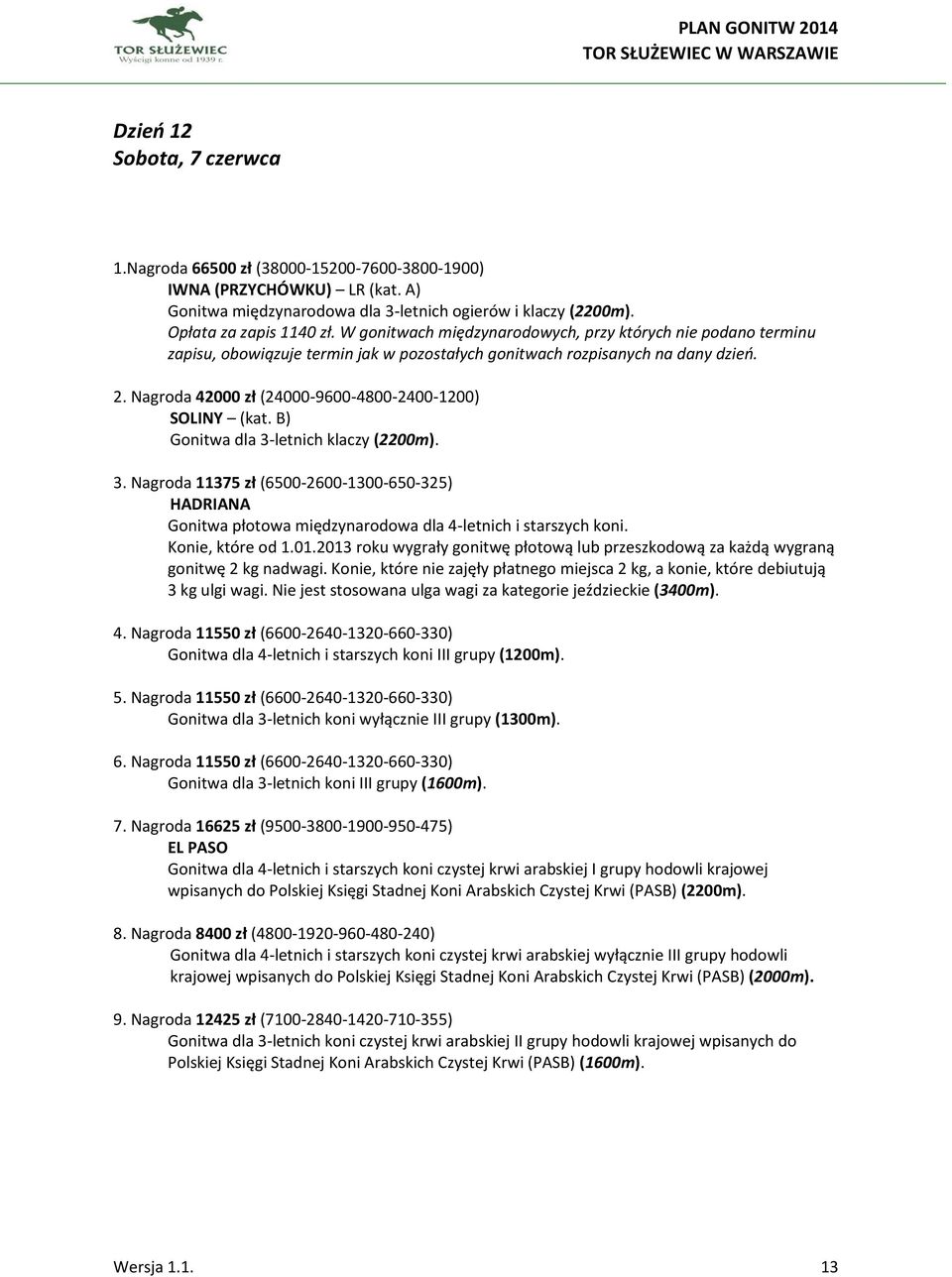 letnich klaczy (2200m). 3. Nagroda 11375 zł (6500-2600-1300-650-325) HADRIANA Gonitwa płotowa międzynarodowa dla 4-letnich i starszych koni. Konie, które od 1.01.