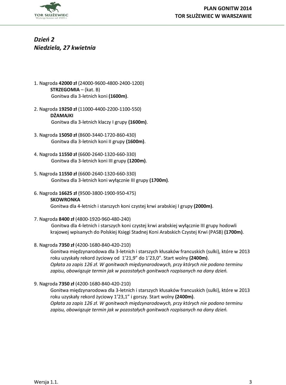 Nagroda 11550 zł (6600-2640-1320-660-330) Gonitwa dla 3-letnich koni wyłącznie III grupy (1700m). 6.