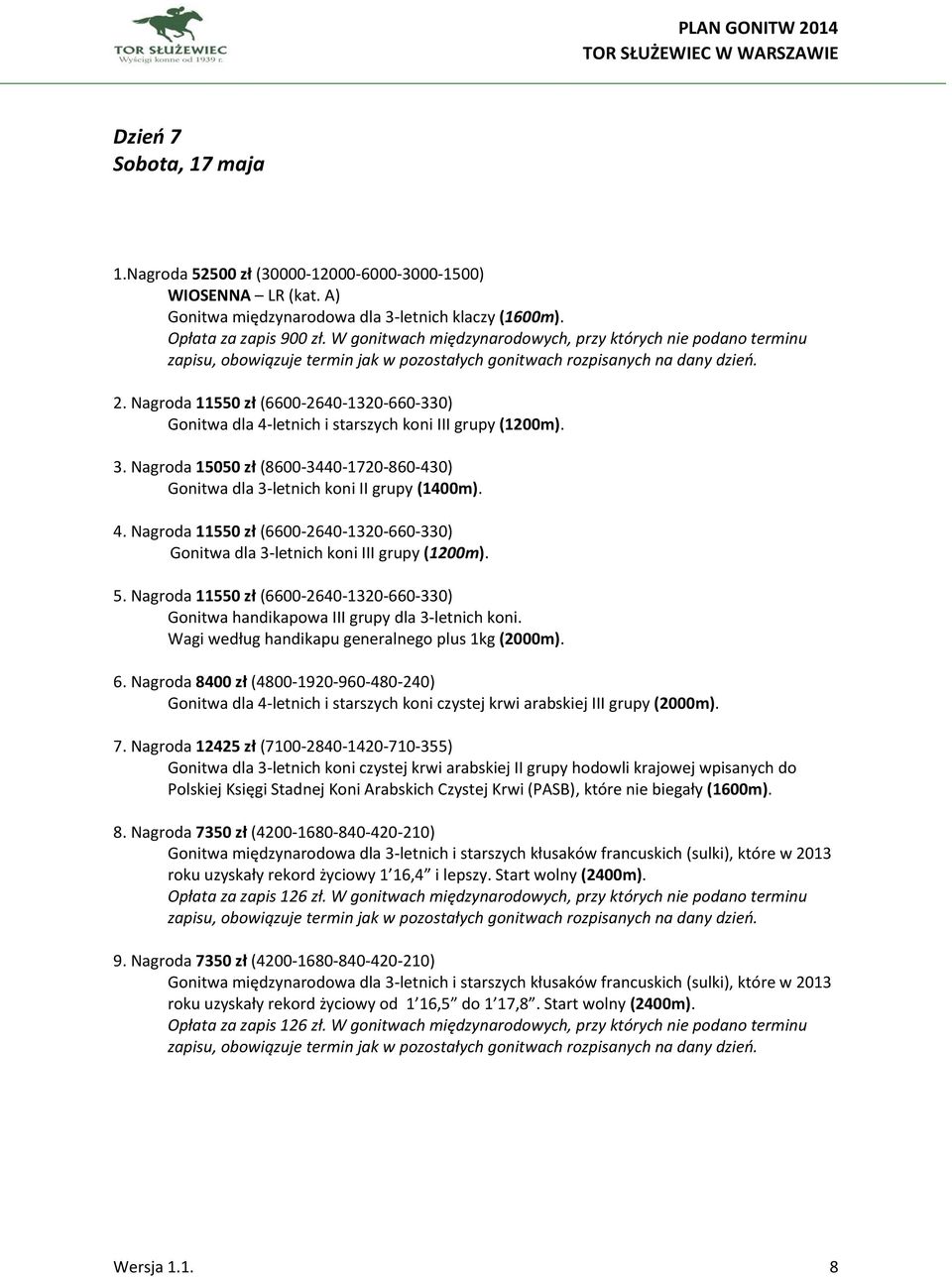Nagroda 15050 zł (8600-3440-1720-860-430) Gonitwa dla 3-letnich koni II grupy (1400m). 4. Nagroda 11550 zł (6600-2640-1320-660-330) Gonitwa dla 3-letnich koni III grupy (1200m). 5.