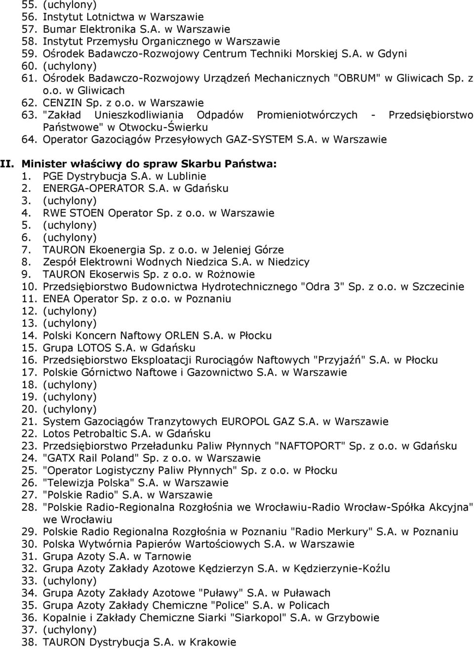 "Zakład Unieszkodliwiania Odpadów Promieniotwórczych - Przedsiębiorstwo Państwowe" w Otwocku-Świerku 64. Operator Gazociągów Przesyłowych GAZ-SYSTEM S.A. w Warszawie II.