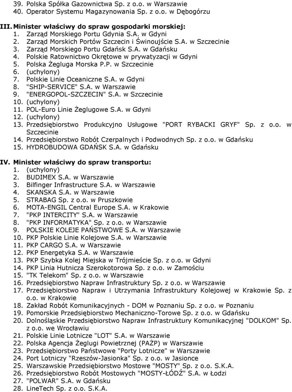 Polska Żegluga Morska P.P. w Szczecinie 6. (uchylony) 7. Polskie Linie Oceaniczne S.A. w Gdyni 8. "SHIP-SERVICE" S.A. w Warszawie 9. "ENERGOPOL-SZCZECIN" S.A. w Szczecinie 10. (uchylony) 11.