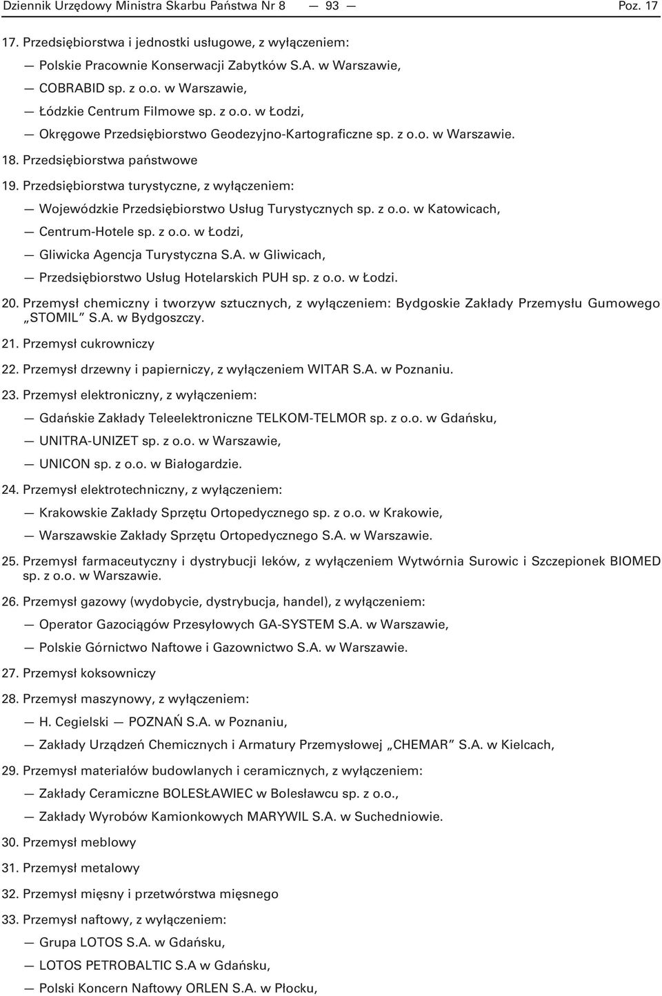 Przedsiębiorstwa turystyczne, z wyłączeniem: Wojewódzkie Przedsiębiorstwo Usług Turystycznych sp. z o.o. w Katowicach, Centrum-Hotele sp. z o.o. w Łodzi, Gliwicka Ag