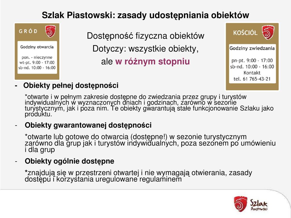 Te obiekty gwarantują stałe funkcjonowanie Szlaku jako produktu. - Obiekty gwarantowanej dostępności *otwarte lub gotowe do otwarcia (dostępne!