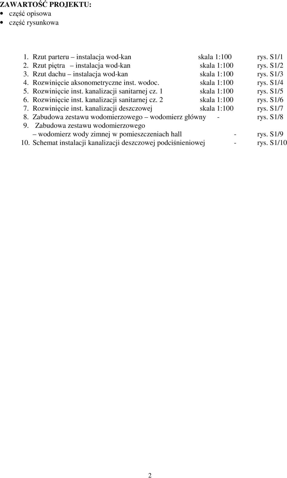 1 skala 1:100 rys. S1/5 6. Rozwinięcie inst. kanalizacji sanitarnej cz. 2 skala 1:100 rys. S1/6 7. Rozwinięcie inst. kanalizacji deszczowej skala 1:100 rys. S1/7 8.