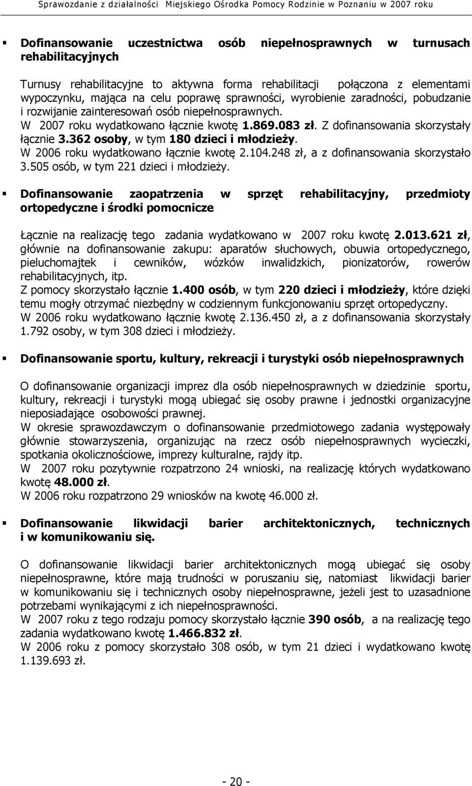 362 osoby, w tym 180 dzieci i młodzieży. W 2006 roku wydatkowano łącznie kwotę 2.104.248 zł, a z dofinansowania skorzystało 3.505 osób, w tym 221 dzieci i młodzieży.