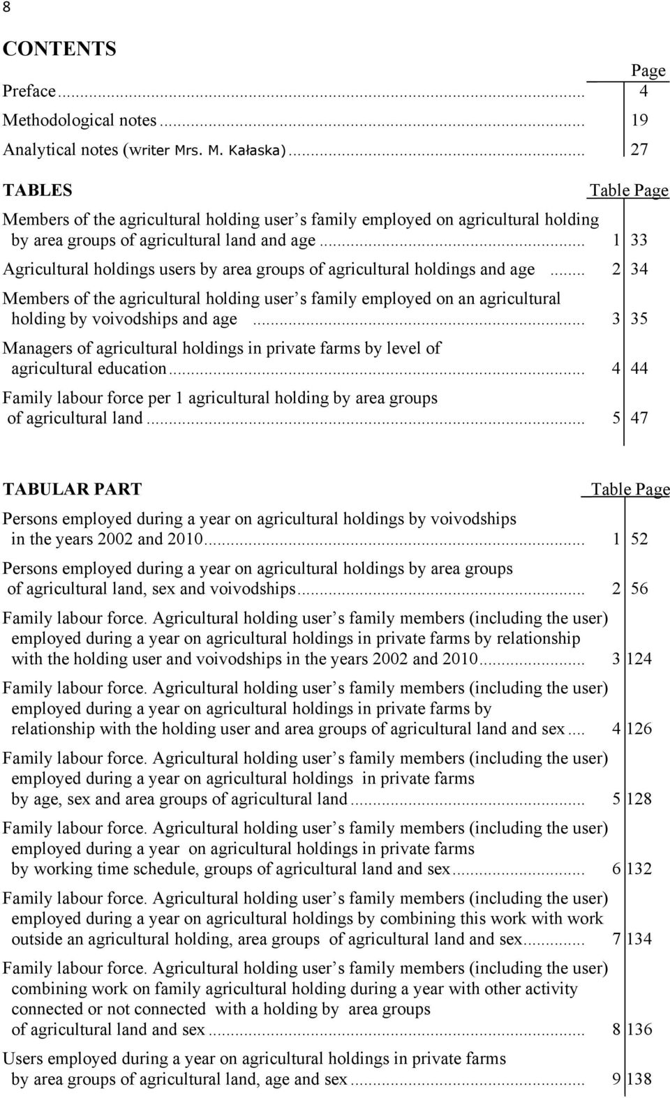 .. 1 33 Agricultural holdings users by area groups of agricultural holdings and age... 2 34 Members of the agricultural holding user s family employed on an agricultural holding by voivodships and age.