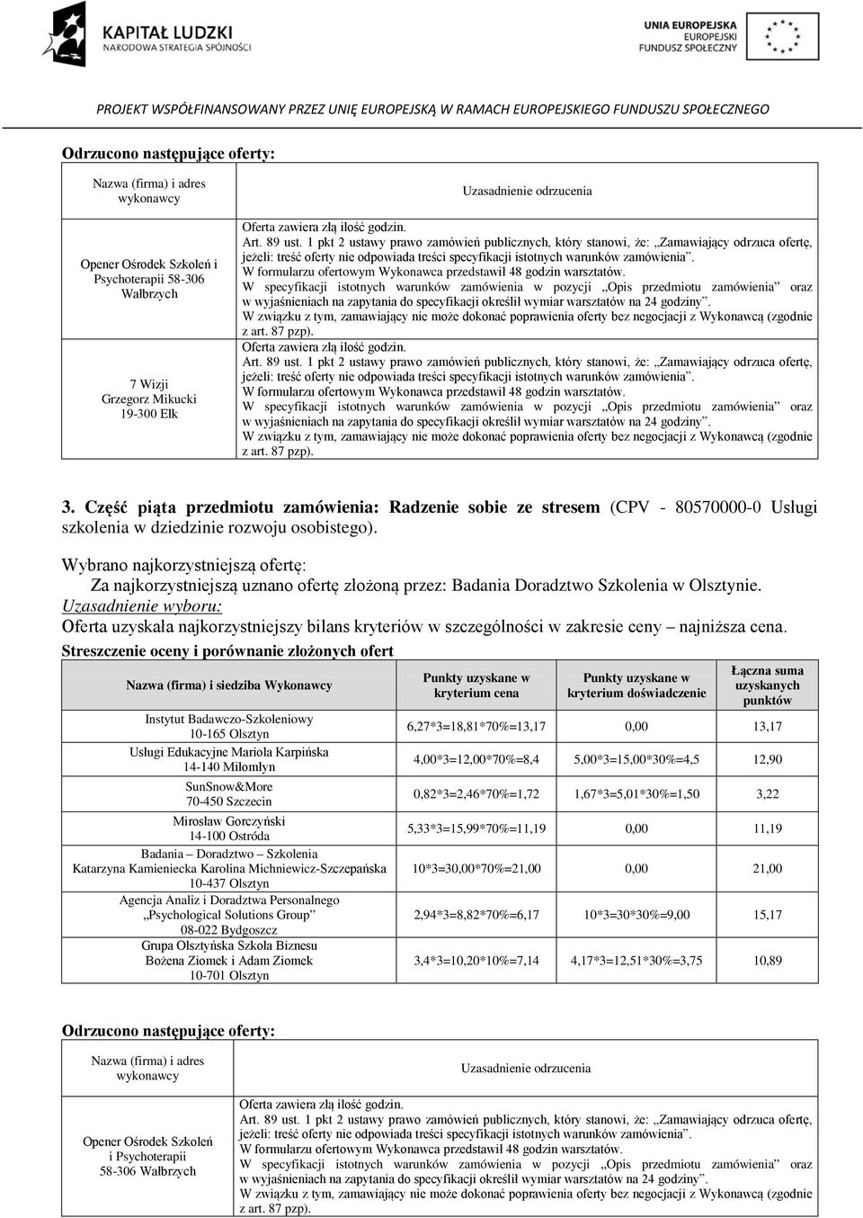 Usługi Edukacyjne Mariola Karpińska Mirosław Gorczyński Katarzyna Kamieniecka Karolina Michniewicz-Szczepańska Grupa Olsztyńska Szkoła Biznesu Bożena Ziomek i Adam Ziomek kryterium doświadczenie