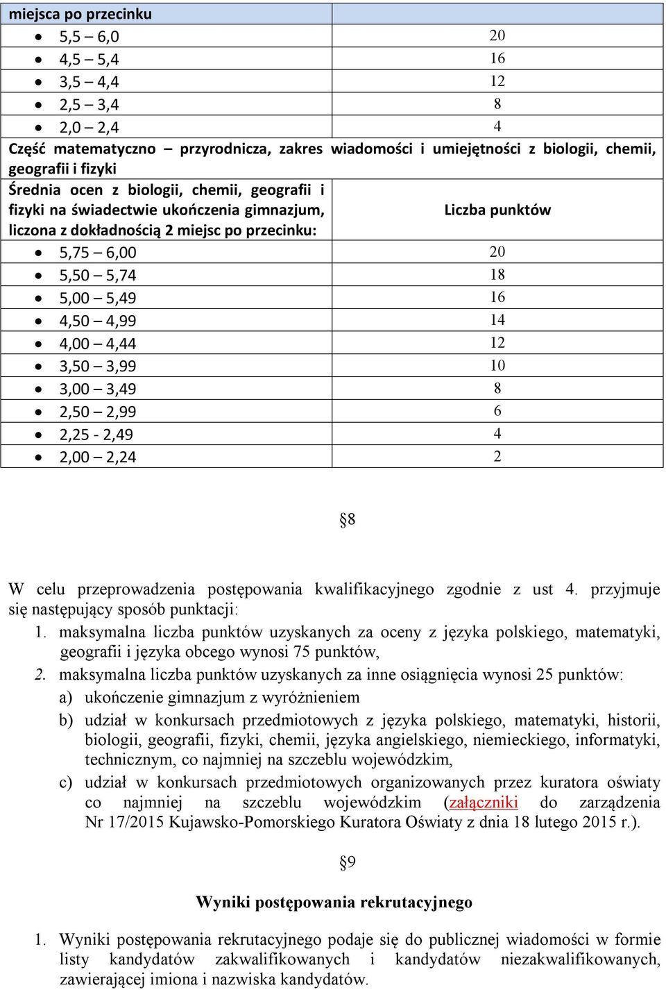 3,50 3,99 10 3,00 3,49 8 2,50 2,99 6 2,25-2,49 4 2,00 2,24 2 8 W celu przeprowadzenia postępowania kwalifikacyjnego zgodnie z ust 4. przyjmuje się następujący sposób punktacji: 1.