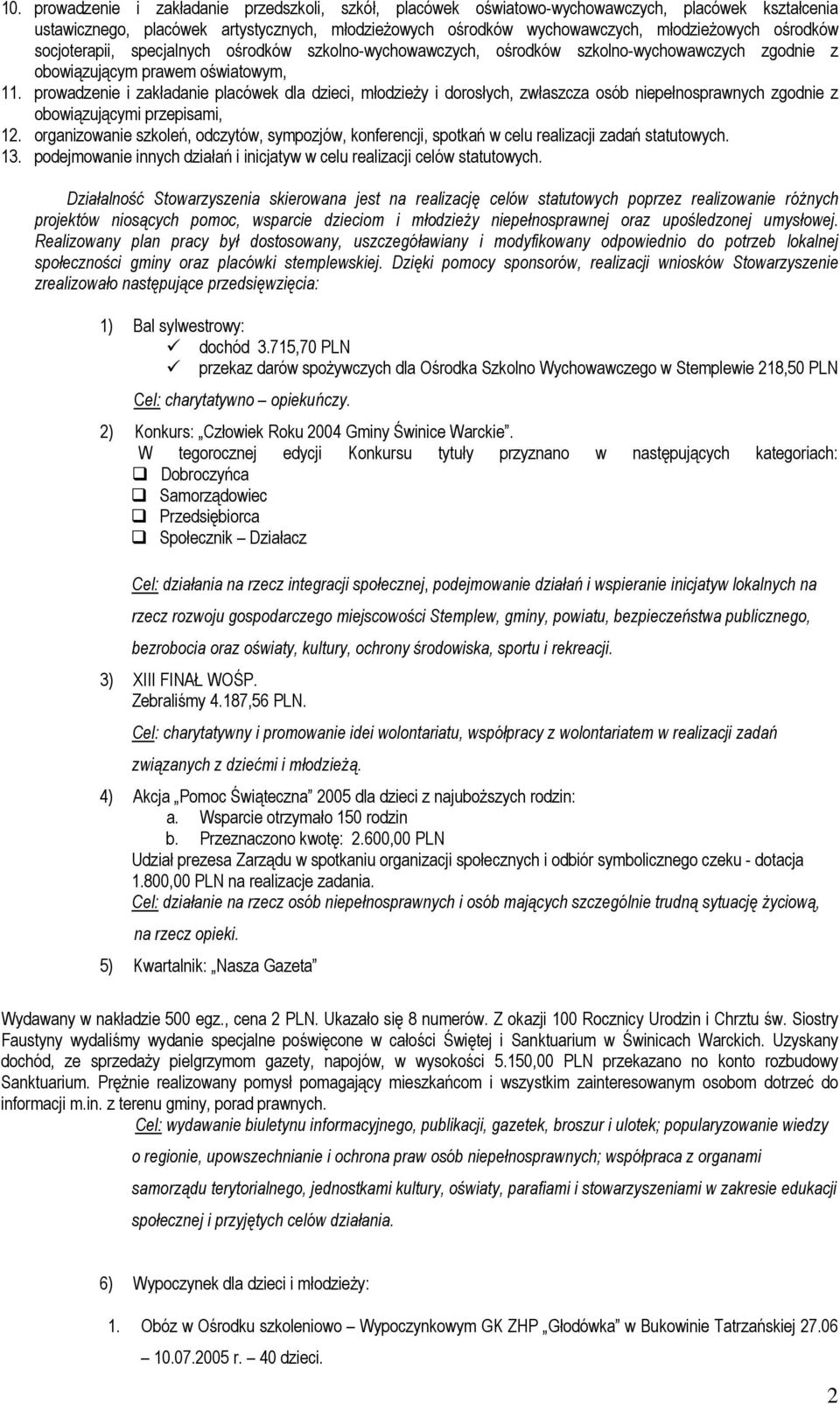 prowadzenie i zakładanie placówek dla dzieci, młodzieży i dorosłych, zwłaszcza osób niepełnosprawnych zgodnie z obowiązującymi przepisami, 12.