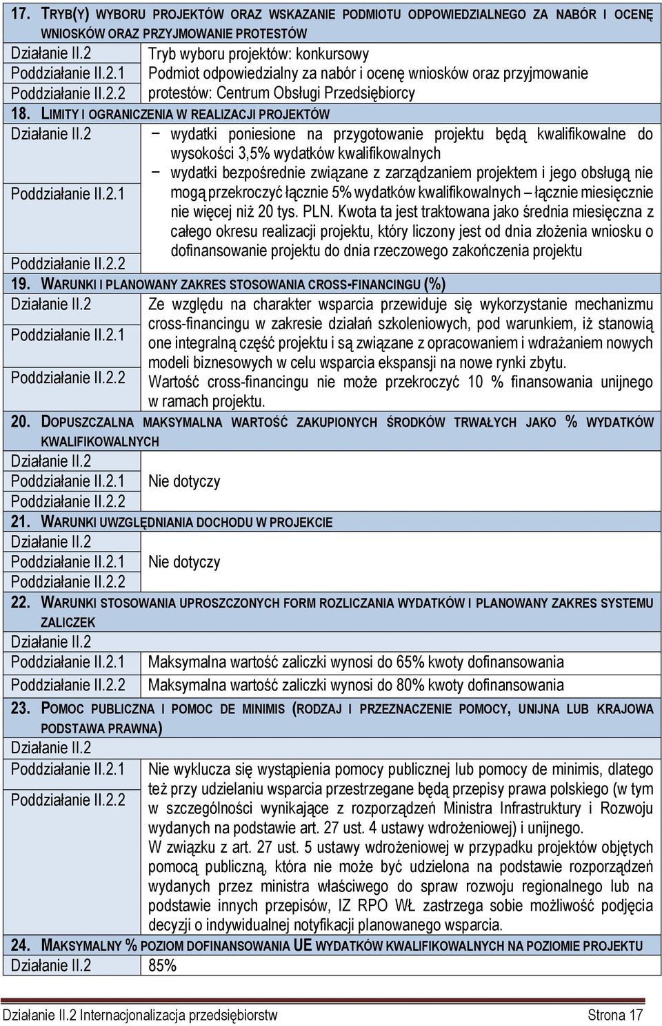 LIMITY I OGRANICZENIA W REALIZACJI PROJEKTÓW Działanie II.2 