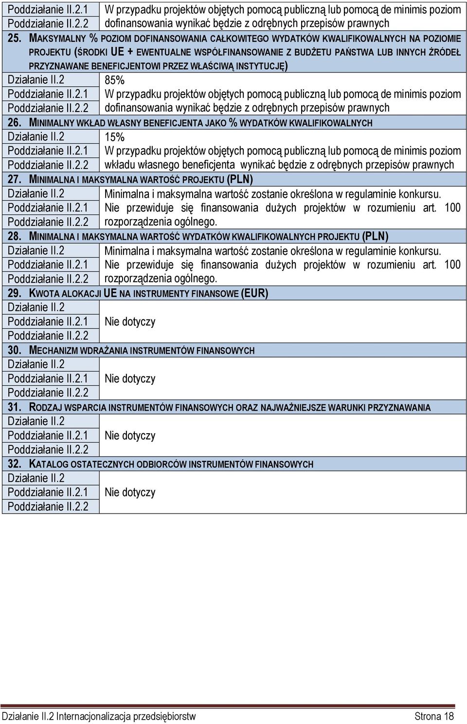 PRZEZ WŁAŚCIWĄ INSTYTUCJĘ) Działanie II.2 85% Poddziałanie II.2.1 W przypadku projektów objętych pomocą publiczną lub pomocą de minimis poziom Poddziałanie II.2.2 dofinansowania wynikać będzie z odrębnych przepisów prawnych 26.