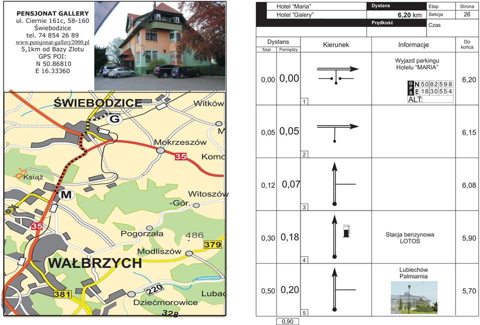 33360 ŚWIBODZIC Witków 1 Hotel alery 1 6,20 km Wyjazd parkingu Hotelu MARIA N 50 82 59 8 S 16 30 55 4 X 26