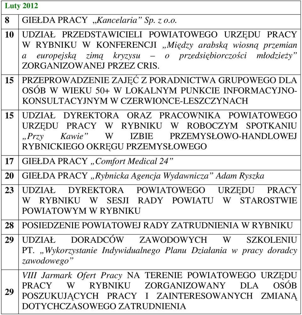 15 PRZEPROWADZENIE ZAJĘĆ Z PORADNICTWA GRUPOWEGO DLA OSÓB W WIEKU 50+ W LOKALNYM PUNKCIE INFORMACYJNO- KONSULTACYJNYM W CZERWIONCE-LESZCZYNACH 15 UDZIAŁ DYREKTORA ORAZ PRACOWNIKA POWIATOWEGO URZĘDU