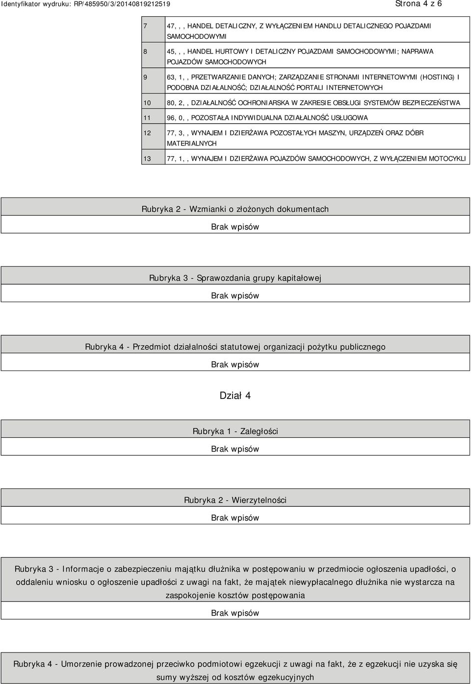 BEZPIECZEŃSTWA 11 96, 0,, POZOSTAŁA INDYWIDUALNA DZIAŁALNOŚĆ USŁUGOWA 12 77, 3,, WYNAJEM I DZIERŻAWA POZOSTAŁYCH MASZYN, URZĄDZEŃ ORAZ DÓBR MATERIALNYCH 13 77, 1,, WYNAJEM I DZIERŻAWA POJAZDÓW