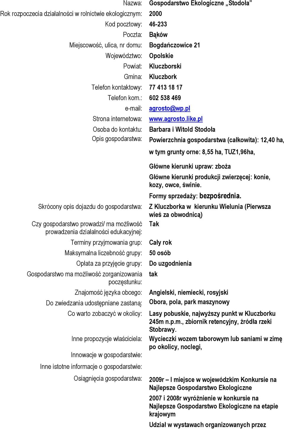 pl Osoba do kontaktu: Barbara i Witold Stodoła Opis gospodarstwa: Powierzchnia gospodarstwa (całkowita): 12,40 ha, w tym grunty orne: 8,55 ha, TUZ1,96ha, Skrócony opis dojazdu do gospodarstwa: Czy