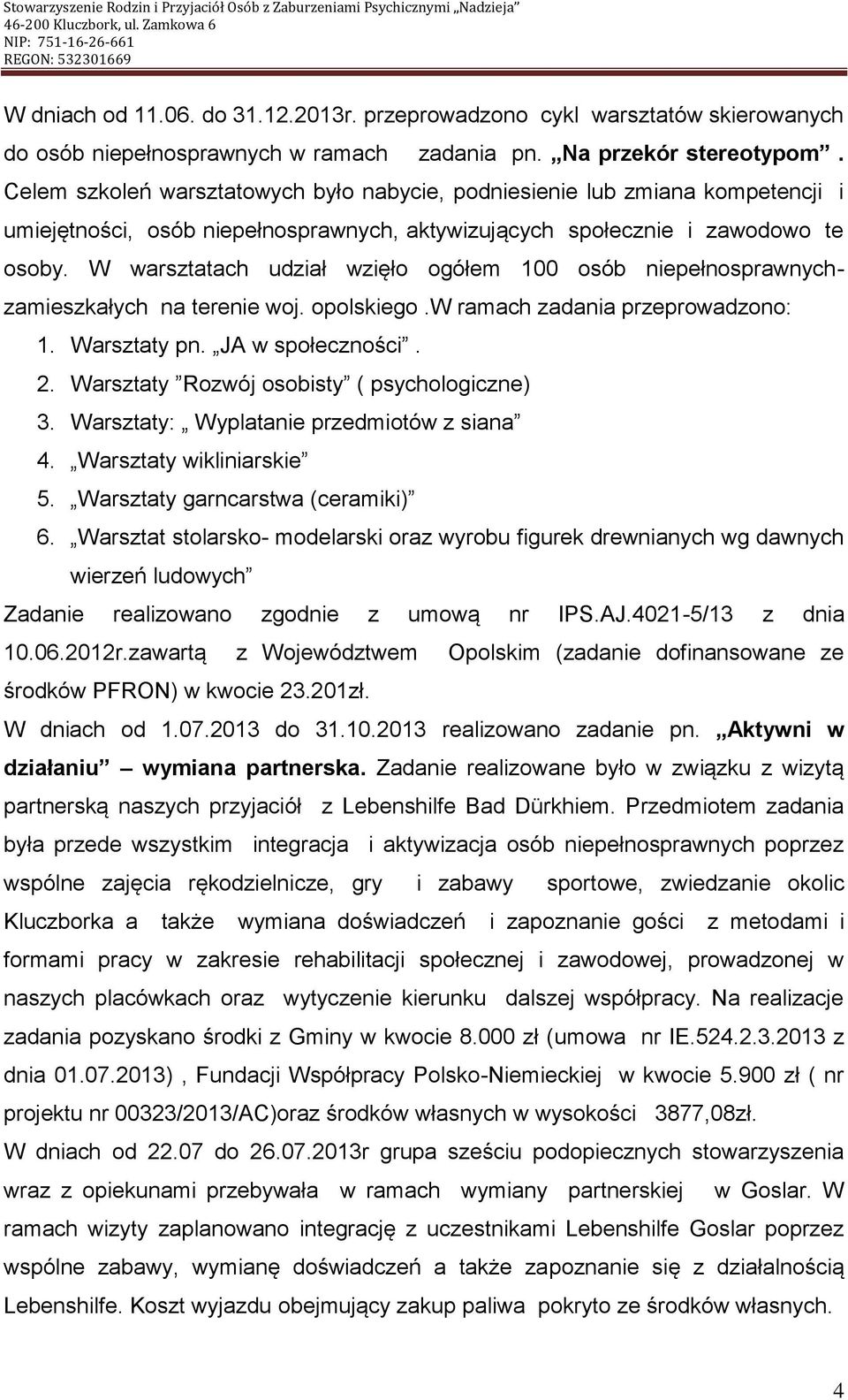 W warsztatach udział wzięło ogółem 100 osób niepełnosprawnychzamieszkałych na terenie woj. opolskiego.w ramach zadania przeprowadzono: 1. Warsztaty pn. JA w społeczności. 2.