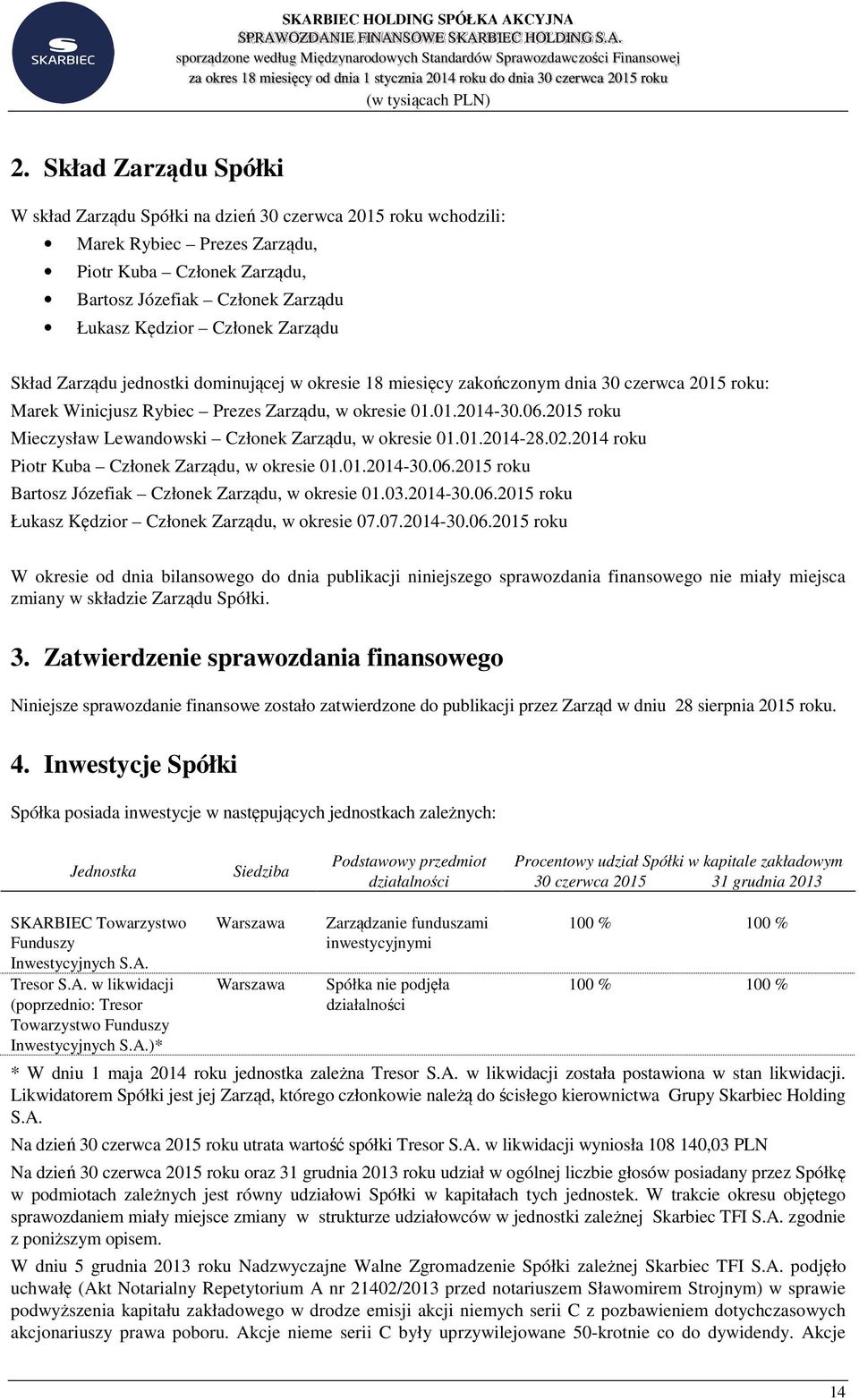 2015 roku Mieczysław Lewandowski Członek Zarządu, w okresie 01.01.2014-28.02.2014 roku Piotr Kuba Członek Zarządu, w okresie 01.01.2014-30.06.2015 roku Bartosz Józefiak Członek Zarządu, w okresie 01.