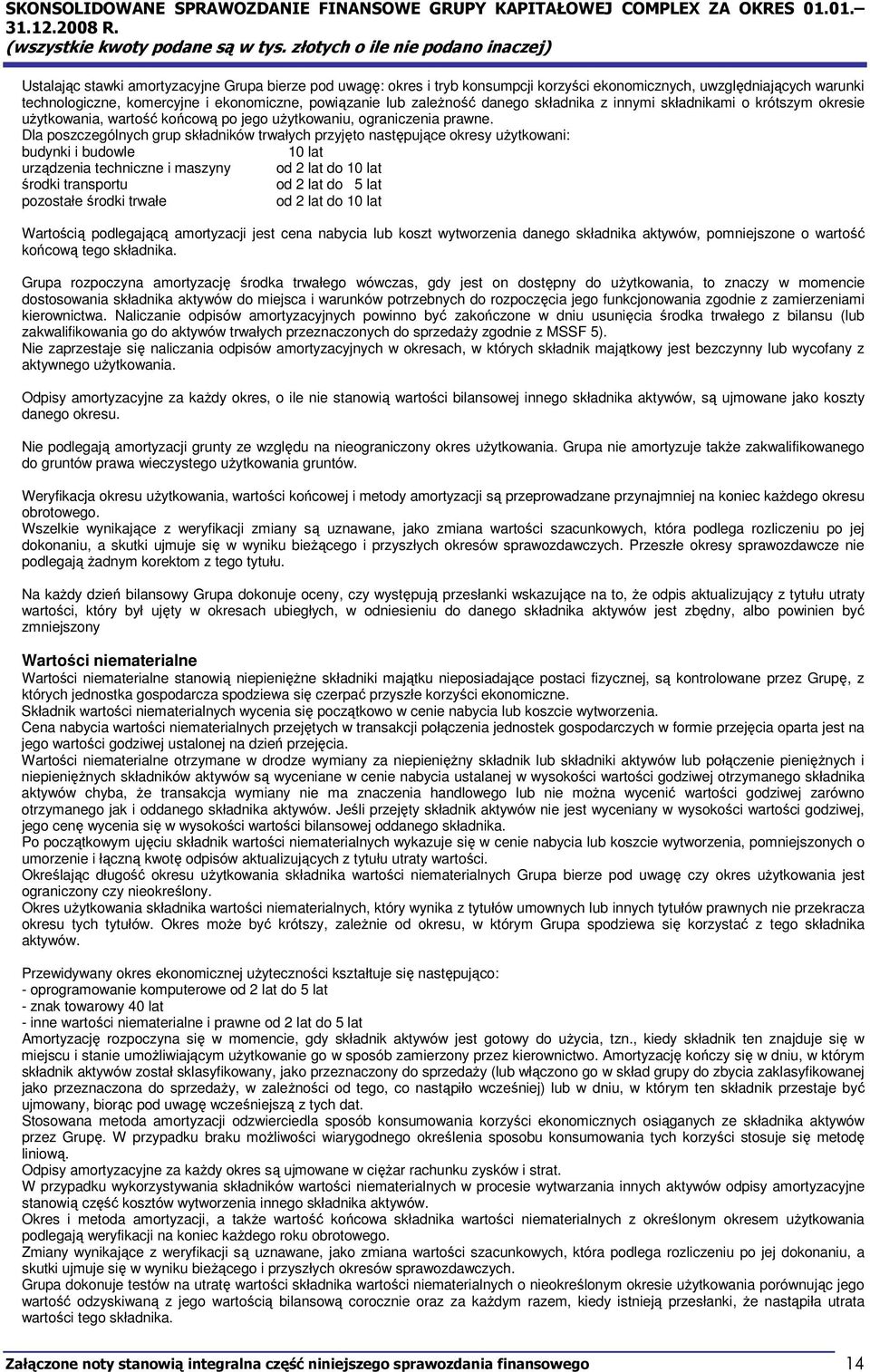 Dla poszczególnych grup składników trwałych przyjęto następujące okresy uŝytkowani: budynki i budowle 10 lat urządzenia techniczne i maszyny od 2 lat do 10 lat środki transportu od 2 lat do 5 lat