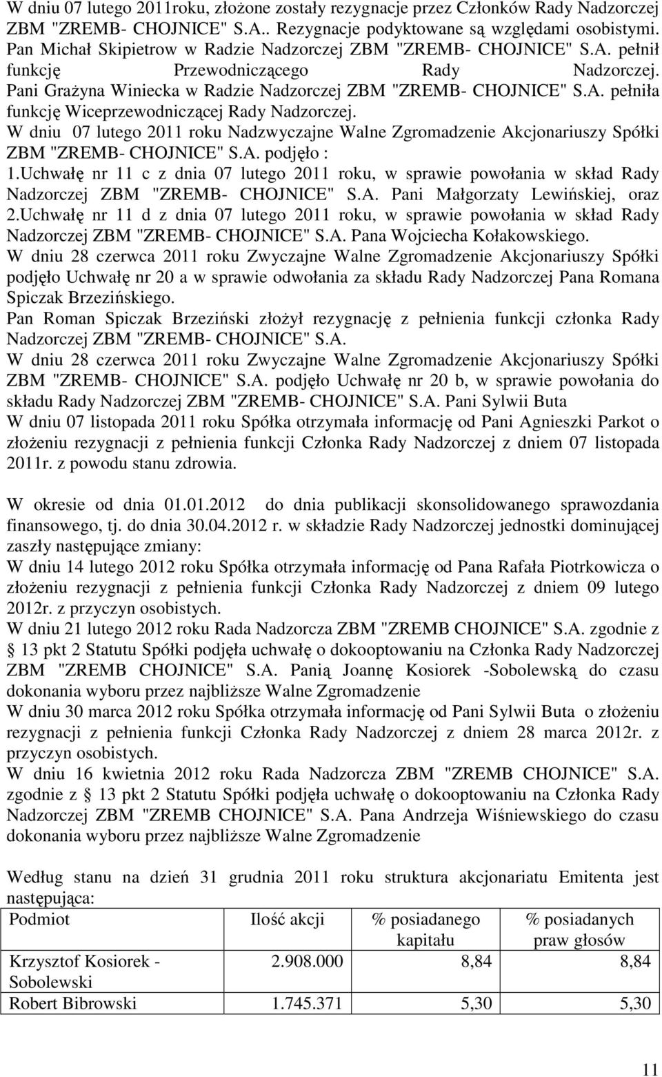 W dniu 07 lutego 2011 roku Nadzwyczajne Walne Zgromadzenie Akcjonariuszy Spółki ZBM "ZREMB- CHOJNICE" S.A. podjęło : 1.