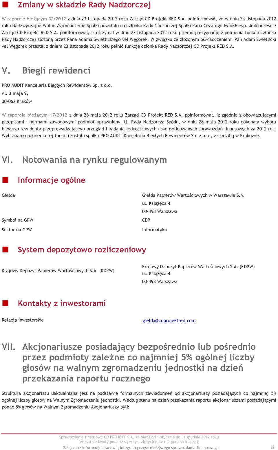 poinformował, iż otrzymał w dniu 23 listopada 2012 roku pisemną rezygnację z pełnienia funkcji członka Rady Nadzorczej złożoną przez Pana Adama Świetlickiego vel Węgorek.